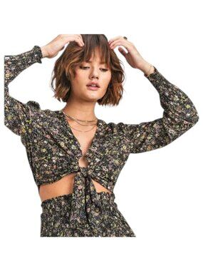 Reset By Jane Tie Front Crop Top Black Floral Balloon Sleeve Top S